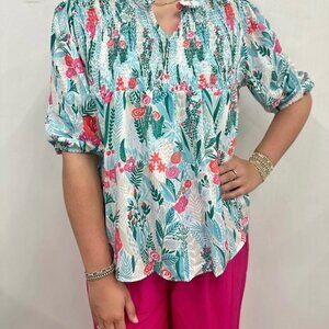 Michelle McDowell Small Floral Tropical Blouse Puff Sleeve Top Lightweight